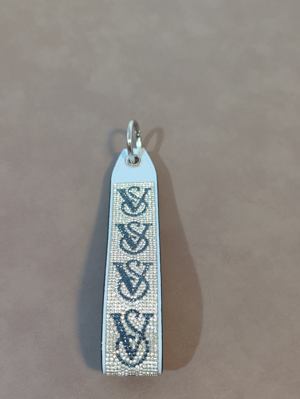Victoria's Secret Wristlet Strap Keychain Silver And Blue Rhinestone VS Logo